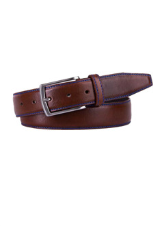 Riem Cognac Blauw Gestikt Leer Zilveren Gesp - 115