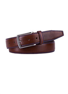 Riem Cognac Blauw Gestikt Leer Zilveren Gesp - 115