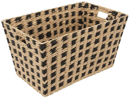 Rieten opbergmand - gevlochten rechthoek - beige/zwart - 55 x 35 x 30 cm - Opbergmanden