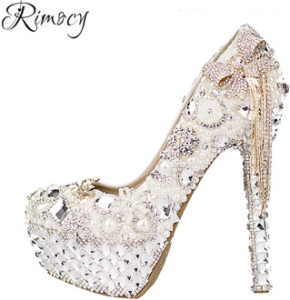 Rimocy custom crystal wedding shoes women white rhinestone and pearls bowtie super high heels platform pumps woman sexy shoes