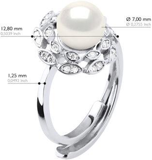 Ring Bloem Sieraden - Echte Gekweekte Zoetwaterparel Rond 7-8 mm Wit - One Size
