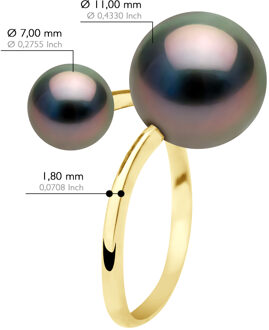 Ring Duo - Geel Goud - 2 Echte Gecultiveerde Tahiti Parels Rond 7-8 en 11-12 mm Zwart - O 1/2