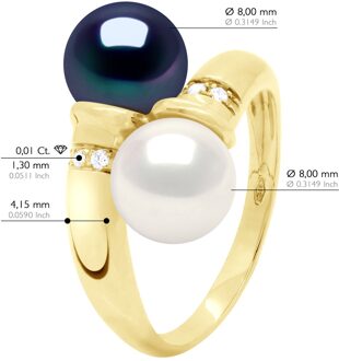 Ring Jij & Ik - Diamanten 0,04 Cts - 2 Echte Gecultiveerde Zoetwaterperlen Rond 8-9 mm Zwart/wit - N