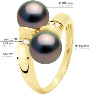 Ring Jij & Ik Diamanten 0,06 Ct 2 Echte Gecultiveerde Tahiti Parel Ronde 8-9 mm - Geel Goud Zwart - T 1/2