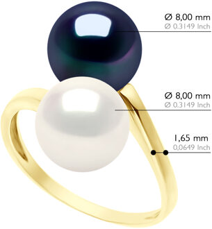 Ring Jij & Ik - Geel Goud - 2 Echte Gecultiveerde Zoetwater Peren Ronde 8-9 mm Zwart/wit - L 1/2