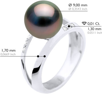 Ring Sieraad 0,06 Cts - Wit Goud - Echte Gecultiveerde Tahiti Parels Rond 9-10 mm Zwart - K