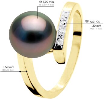 Ring Sieraad Diamant 0,04 Cts Geel Goud - Echte Geprofessioneerde Tahiti Parel Rond 8-9 mm Zwart - L 1/2
