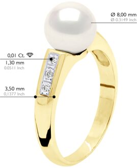 Ring Sieraad Diamant 0,06 Ct - Geel Goud - Echte Gecultiveerde Zoetwaterparel Rond 8-9 mm Wit - T 1/2
