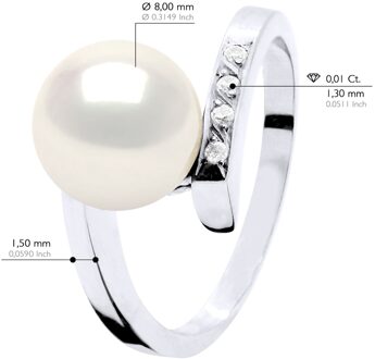 Ring Sieraden Diamant 0,04 Ct - Kwaliteit Hsi Wit Goud - Echte Geëxtraheerde Zoetwaterparel Rond 8-9 mm