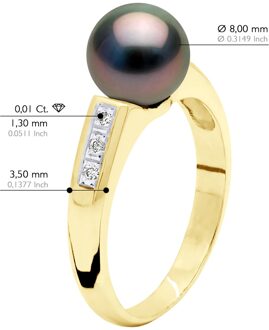 Ring Sieraden Diamant 0,06 Cts - Geel Goud - Echte Gecultiveerde Tahiti Pauw 8-9 mm Rond Zwart