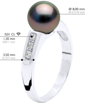 Ring Sieraden Diamant 0,06 Cts - Wit Goud - Echte Gecultiveerde Tahiti Parels Rond 8-9 mm Zwart - L 1/2