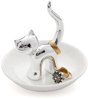 ringhouder kat op schaaltje Gatto wit met zilver
