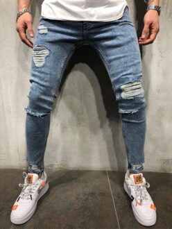 Ripped Skinny Jeans Mannen Blauw Potlood Broek Mannelijke Slanke Biker Denim Broek Gat Punk Casual Close-Fitting Broek Xl