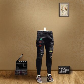 Ripped Skinny Patch Jeans Mannen Streetwear Zwart Rechte Broek SMJ06 29