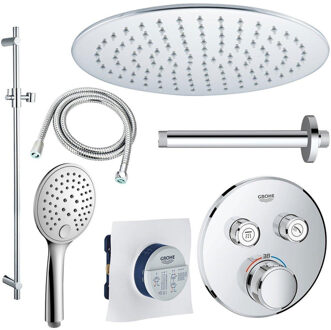 Rise Regendoucheset - Inbouw - 2 functies - met Adema Rise hoofddouche 20cm - ronde handdouche - plafondarm - glijstang 90 cm - Grohe Grohtherm inbouwthermostaat - chroom sw105953 SW104917 SW696254 SW496814 SW767373 SW76