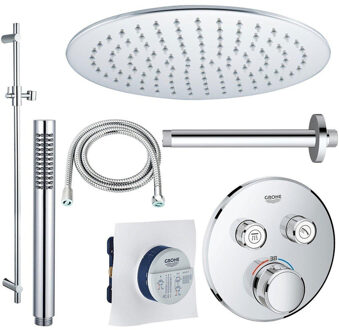 Rise Regendoucheset - Inbouw - 2 functies - met Adema Rise hoofddouche 20cm - staafhanddouche - plafondarm - glijstang 90 cm - Grohe Grohtherm inbouwthermostaat - chroom sw105953 SW104917  SW696254 SW496810 SW767373 SW76