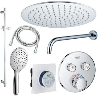 Rise Regendoucheset - Inbouw - 2 functies - met Adema Rise hoofddouche 25cm - ronde handdouche - wandarm - glijstang 90 cm - Grohe Grohtherm inbouwthermostaat - chroom sw105953 SW104917 SW720552 SW496814 SW767373 SW76
