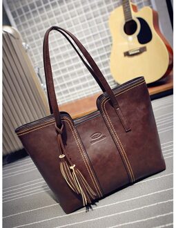 Rits Kwastje Schoudertas Vrouwen Handtas Pu Leather Casual Tote Grote Interieur Rits Messenger Bag Lady Bags bruin