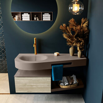 RIVA 120cm badmeubel onderkast / planchet kleur Light_Brown_Grey met 1 lade. Wastafel DULCET links 1 kraangat kleur Smoke.