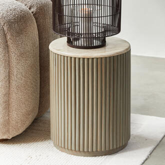 Riviera Maison Ronde Bijzettafel 'Villanova' Travertin en mangohout, 42cm - 42 cm