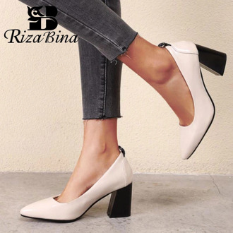 RizaBina Plus Size 32-48 Fashion Women Pumps Shoes Simple Style Slip On Shoes Women Stylish Thick Heels Pointed Toe Footwear