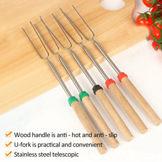 Roasting Sticks With Wooden Handle Extendable Forks 32Inch Telescoping Skewers For Campfire, Fire Pit And Sausage BBQ