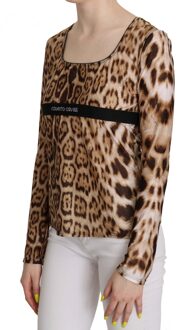 Roberto Cavalli Bruin Ronde Hals Luipaard Vrouwen Top Blouse Veelkleurig