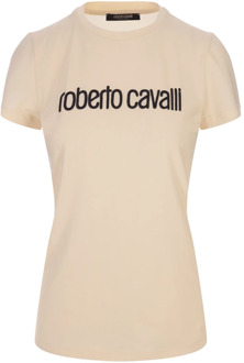 Roberto Cavalli Ivoor Stretch Katoenen T-shirt met Logo Borduursel Roberto Cavalli , White , Dames - L,M,S
