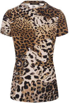 Roberto Cavalli Leopard Print Stretch Katoenen T-shirt Roberto Cavalli , Brown , Dames - M