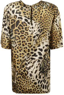 Roberto Cavalli Zijden T-shirt met Luipaardprint Roberto Cavalli , Multicolor , Dames - 2Xl,Xl,M,S