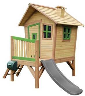 Robin Speelhuis op palen & grijze glijbaan Speelhuisje voor de tuin / buiten in bruin & groen van FSC hout