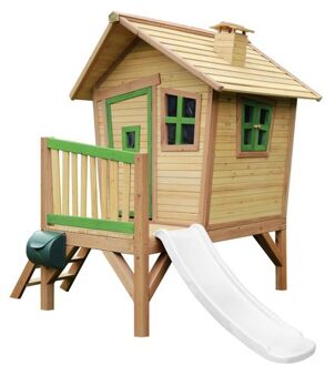 Robin Speelhuis op palen & witte glijbaan Speelhuisje voor de tuin / buiten in bruin & groen van FSC hout