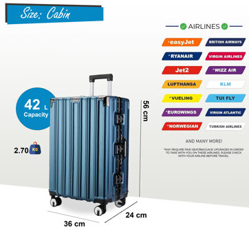 Robuuste harde koffer voor in de cabine 36 x 24 x 56 cm Bagage Geschikt voor Easyjet, Ryanair, Wizzair Blauw - S