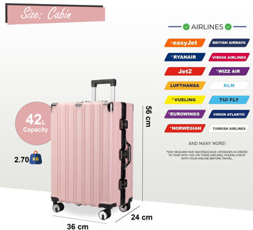 Robuuste harde koffer voor in de cabine 36 x 24 x 56 cm Bagage Geschikt voor Easyjet, Ryanair, Wizzair Roze - S