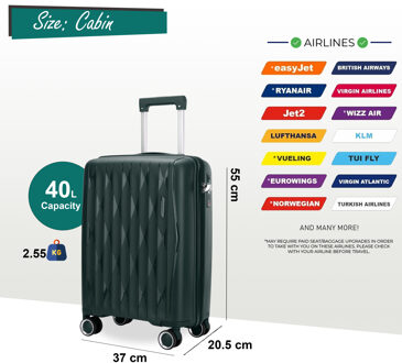 Robuuste harde koffer voor in de cabine 37,5 x 20,5 x 55 cm TSA-bagage Geschikt voor Easyjet, Ryanair, Wizzair Groen - S