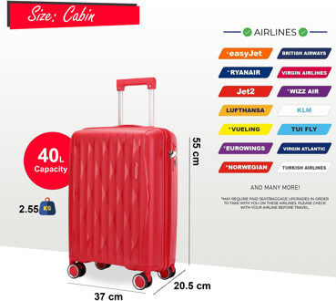 Robuuste harde koffer voor in de cabine 37,5 x 20,5 x 55 cm TSA-bagage Geschikt voor Easyjet, Ryanair, Wizzair Rood