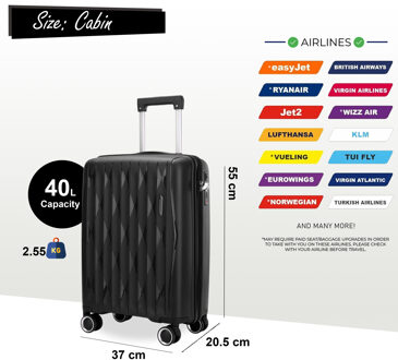Robuuste harde koffer voor in de cabine 37,5 x 20,5 x 55 cm TSA-bagage Geschikt voor Easyjet, Ryanair, Wizzair Zwart - S