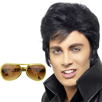 Rock and Roll ster Elvis verkleed set - herenpruik zwart met kuif - en bril goud montuur