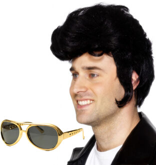 Rock and Roll ster Elvis verkleed set - herenpruik zwart met kuif - en bril goud montuur