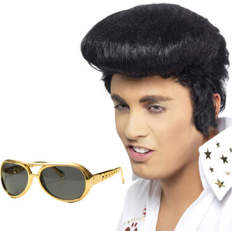 Rock and Roll ster Elvis verkleed set - herenpruik zwart met kuif - en bril goud montuur