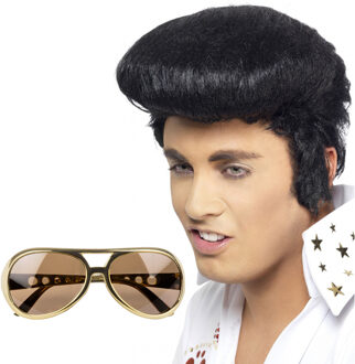 Rock and Roll ster Elvis verkleed set - herenpruik zwart met kuif - en bril goud montuur