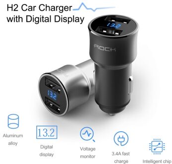 ROCK H2 Dual USB Car Charger with Digital LED Display 5V/3.4A Aluminium Alloy Fast Charging Voltage Monitoring for iPhone Samsung