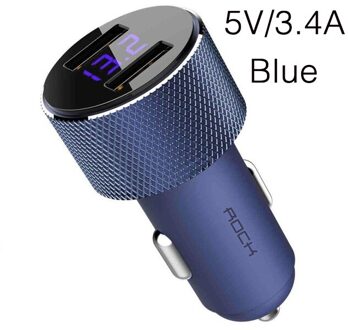 Rock Mini Dual Usb Autolader Led Display Universele 3.4A Mobiele Telefoon Tablet Snel Opladen Usb Lader Voor Auto 2 usb Adapter blauw 3.4A