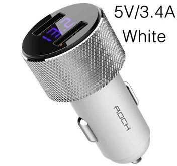 Rock Mini Dual Usb Autolader Led Display Universele 3.4A Mobiele Telefoon Tablet Snel Opladen Usb Lader Voor Auto 2 usb Adapter wit 3.4A