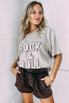 Rock Roll Versleten T-shirt Korte Mouwen Lichtgrijs