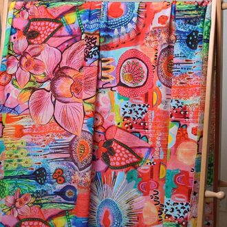 Rode Framboos 12Momme Cartoon Hand Tekening Gedrukt Zijden Crêpe De Chine 100% Zijde Vrouwen Jurk Shirt Doek Tailor 1meter