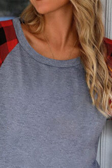 Rode Geruite Raglan Lange Mouw Top Grijs