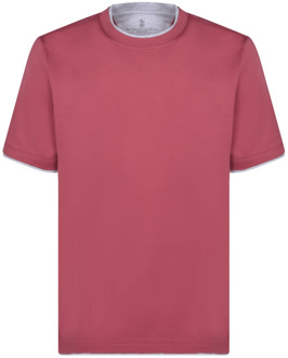 Rode Katoenen T-shirt Ronde Hals Korte Mouwen Brunello Cucinelli , Red , Heren - L,M