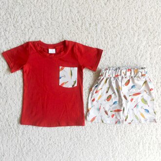 Rode Kleur T-shirt En Leuke Vissen Shorts 2 Stuks Set Voor Kinderen Zomer Jongens Mode O-hals Outfits Met pocket 10-12T