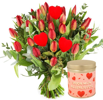 Rode liefdes tulpen + blikje hartjes snoep